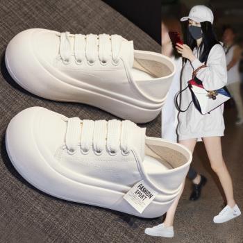 真皮牛皮小白鞋女2024春季新款百搭厚底鬆糕軟底兩穿大頭休閑板鞋