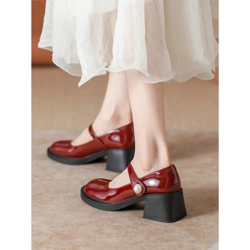 真皮瑪麗珍單鞋女法式2023春秋款粗跟酒紅色高跟婚鞋珍珠jk小皮鞋