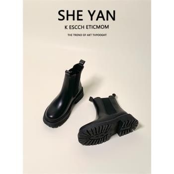 英倫風真皮切爾西短靴女2023新款秋冬厚底煙筒靴子超火馬丁靴女靴
