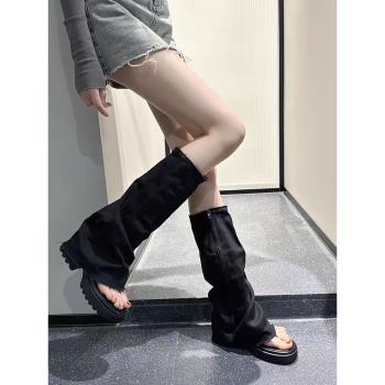 牛仔布夾趾厚底增高休閑褲管靴