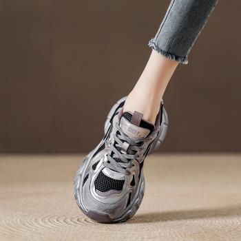 厚底增高紫色老爹鞋女做舊臟臟鞋2024秋季新款網面透氣休閑運動鞋