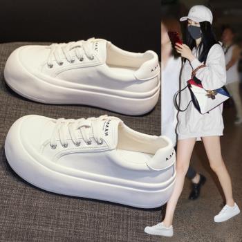 真皮牛皮小白鞋女2024春季新款百搭大頭單鞋厚底鬆糕軟底休閑板鞋