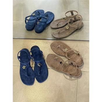 高品質！LP夏季新款休閑通勤百搭平底夾趾T帶涼鞋女外穿沙灘拖鞋