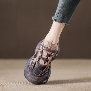 厚底增高紫色老爹鞋女2024秋季新款復古百搭松糕鞋真皮休閑運動鞋