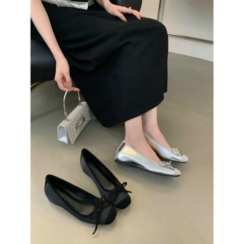法式小眾銀色內增高單鞋女氣質蝴蝶結方頭仙女懶人淺口一腳蹬鞋子