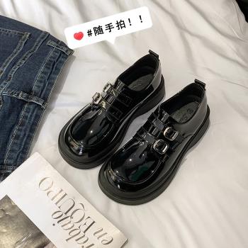 厚底黑色小皮鞋女2024秋季新款真皮復古英倫風圓頭鬆糕樂福鞋單鞋