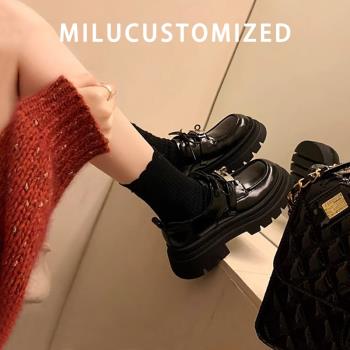 厚底小皮鞋女英倫風2024新款秋季真皮黑色單鞋增高鎖扣系帶樂福鞋