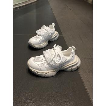 牛皮蕾絲網面厚底老爹鞋韓版公主風做舊真皮荷葉邊運動鞋休閑網鞋