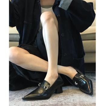 羊皮版！復古時尚尖頭樂福鞋女金屬扣高階感小皮鞋粗跟真皮單鞋