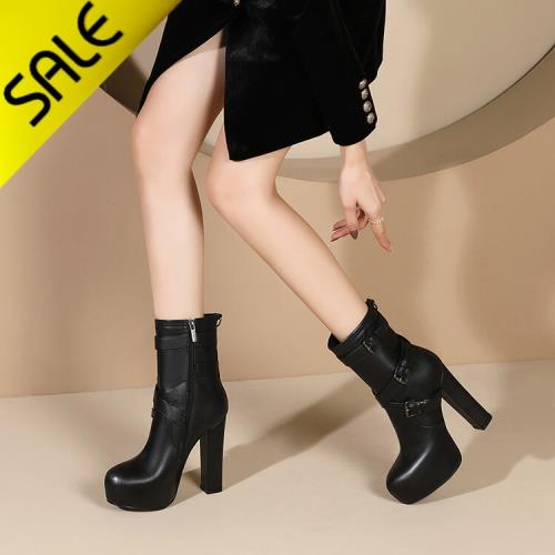 13cm超高跟皮帶扣秋冬新款短靴氣質法式及裸靴全牛皮恨天高粗跟女