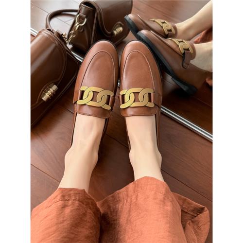 法式真皮樂福鞋女復古棕色平底單鞋女軟皮通勤工作鞋英倫風小皮鞋