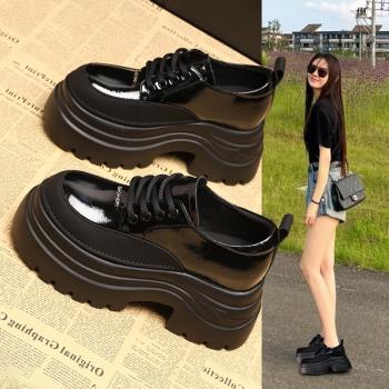內增高樂福鞋女2024秋季新款真皮百搭軟底厚底系帶小皮鞋休閑單鞋