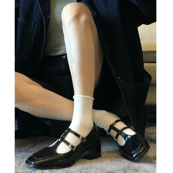 羊皮版！法式小眾復古瑪麗珍鞋女赫本風氣質一字扣方頭單鞋粗跟