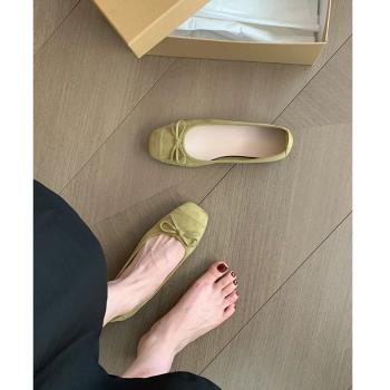 羊皮版！方頭淺口芭蕾舞鞋女蝴蝶結仙女風平底法式單鞋軟底奶奶鞋