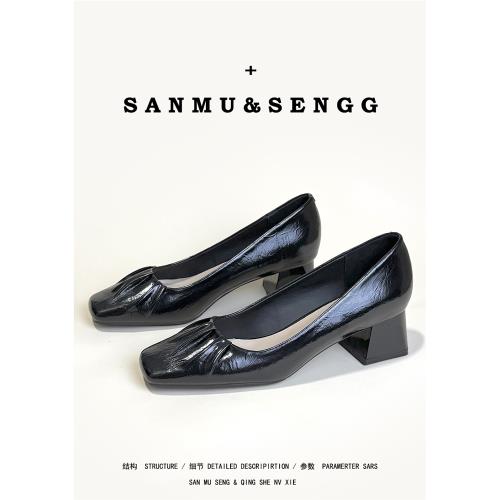 真皮黑色粗跟單鞋女2025新款春秋季淺口軟皮舒適工作職業中跟單鞋