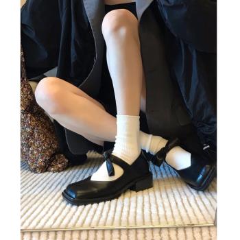 羊皮版！法式復古瑪麗珍小皮鞋女小眾方頭蝴蝶結一字帶單鞋粗跟