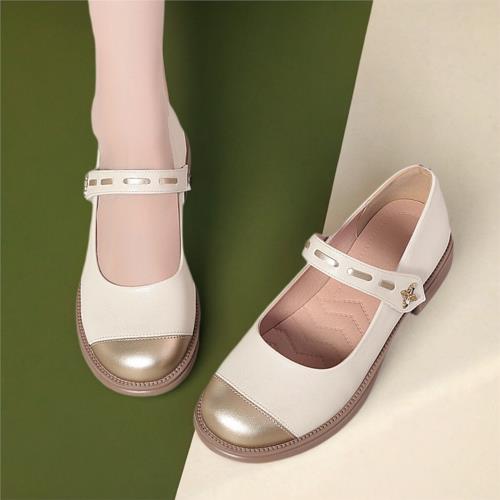 瑪麗珍女鞋秋季單鞋女2024新款粗跟小皮鞋法式淺口米色圓頭配裙子