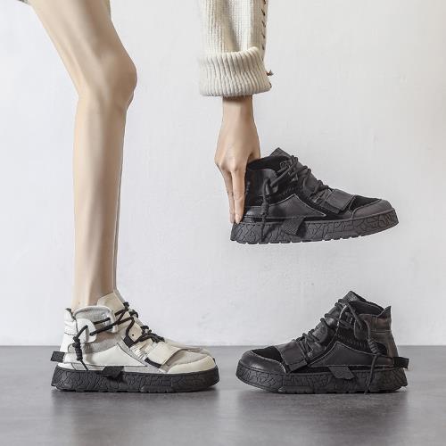 魔術貼丑萌加絨高幫小白鞋女秋季2024新款軟牛皮厚底休閑運動棉鞋