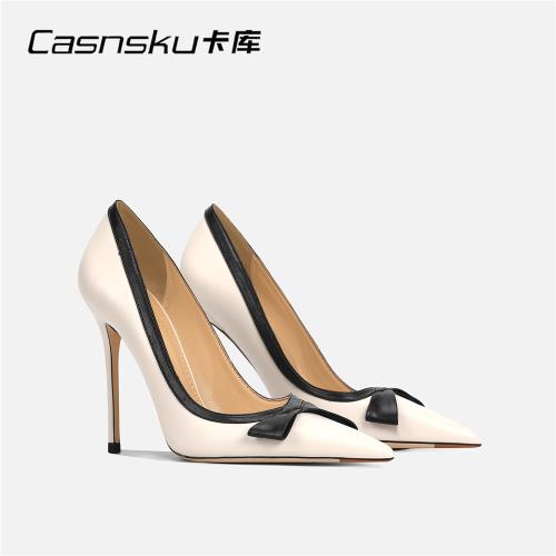 CASNSKU/卡庫黑色蝴蝶結白色啞光高跟鞋女細跟氣質法式單鞋設計感