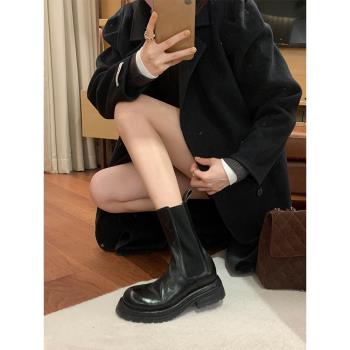 全牛皮~復古短靴女秋冬圓頭厚底英倫風切爾西中筒褶皺煙筒馬丁靴