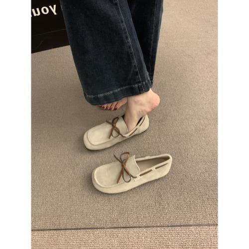 蝴蝶結樂福單鞋女鞋子2024年秋冬新款圓頭法式復古一腳蹬絨面瓢鞋