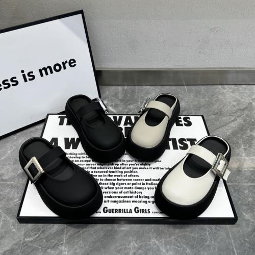 真皮歐貨厚底包頭拖鞋女外穿2025夏季方扣大頭娃娃拖松糕底半拖鞋