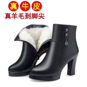 真皮短靴女加絨高跟女靴冬季2022年新款粗跟羊毛棉靴媽媽棉鞋保暖