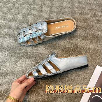 5cm內增高編織法式羅馬涼鞋半拖