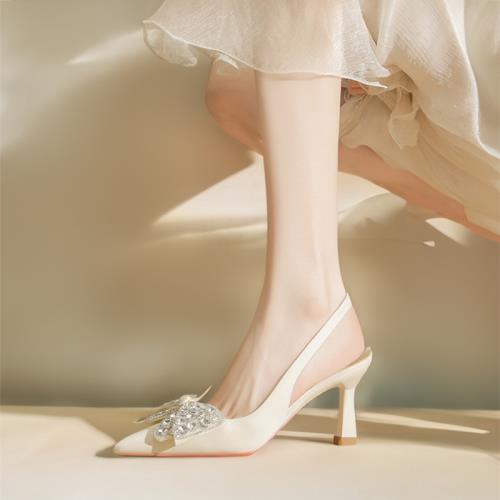 尖頭高跟鞋女2023春秋新款水鉆水晶蝴蝶結后絆帶細跟甜美包頭涼鞋