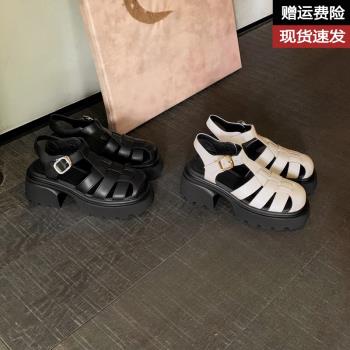 羊皮時髦粗跟厚底包頭羅馬涼鞋