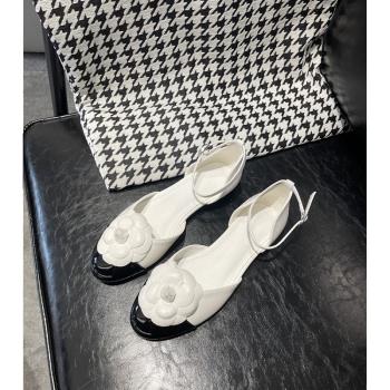 羊皮版 小香風真皮花朵包頭涼鞋女夏季平底一字帶中空瑪麗珍單鞋