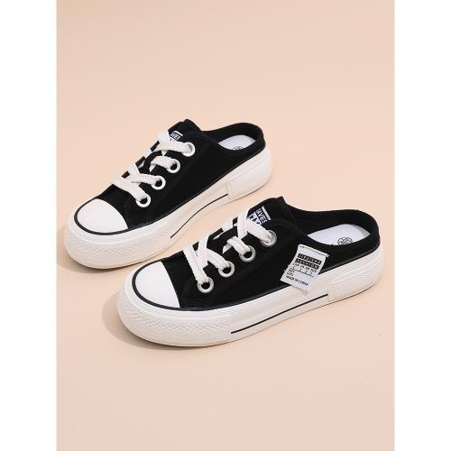 帆布鞋女學生半拖鞋百搭休閑鞋新款布鞋時尚透氣小白鞋增高板鞋