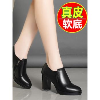 百麗倪姍真皮單鞋女高跟2024年新款春秋季女鞋粗跟防水臺百搭短靴