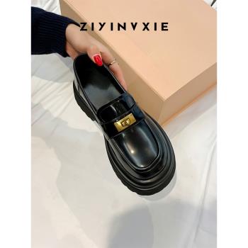 厚底樂福鞋女2023新款春秋真皮圓頭粗跟金屬扣一腳蹬英倫風小皮鞋