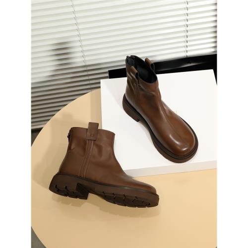 軟皮馬丁靴女英倫風秋季ins潮復古棕色平底短靴圓頭后拉鏈及踝靴