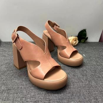 歐美外貿女鞋全真皮露趾防水臺粗跟高跟羅馬涼鞋