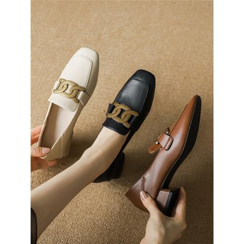 真皮樂福鞋女方頭英倫風小皮鞋法式復古不累腳通勤軟皮中粗跟單鞋