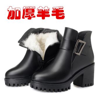 秋冬真皮粗跟短靴女加絨防滑高跟女鞋防水臺加厚羊毛厚底保暖女靴