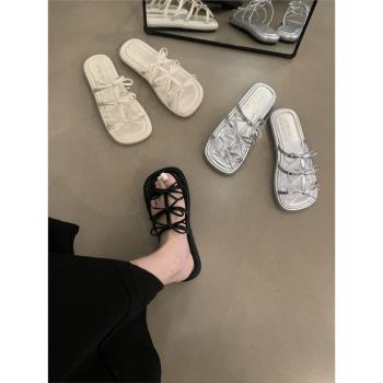 厚底涼拖鞋女外穿小眾2024年新款夏季一字帶蝴蝶結休閑度假半拖鞋