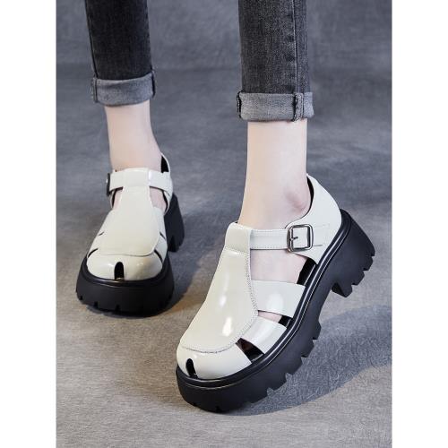 真皮羅馬涼鞋女款2025新款夏外穿夏季厚底增高包頭鏤空單鞋女薄款