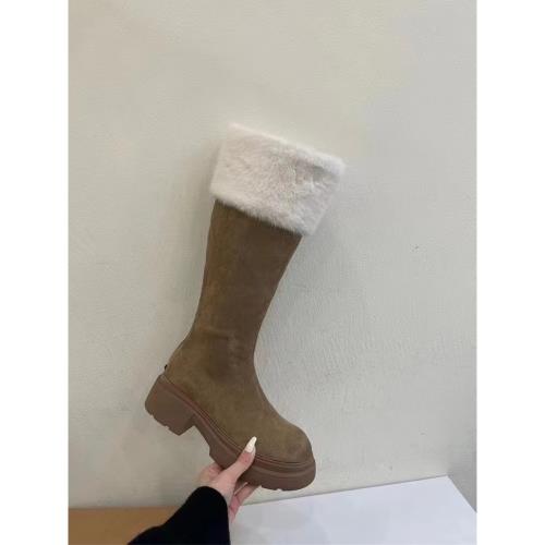 水貂毛秋冬新款加絨高筒棉靴2024厚底粗跟毛毛雪地靴翻毛長筒靴女