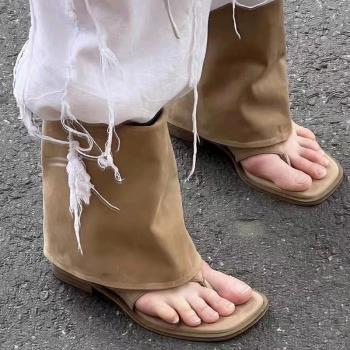 褲管西部牛仔真皮涼鞋女2024夏季新款夾趾人字拖涼靴夾趾人字拖鞋
