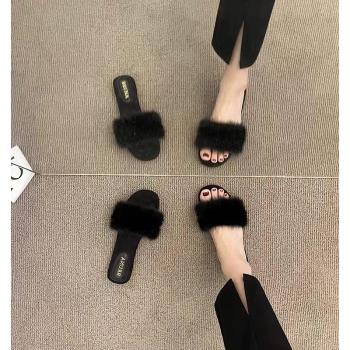 外穿真皮ins潮時尚平底毛毛拖鞋