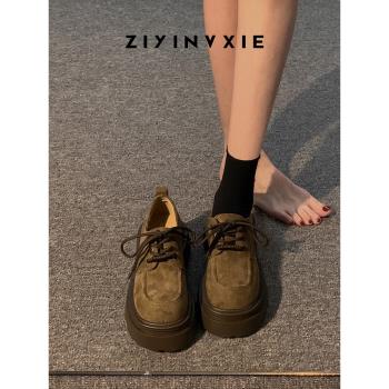 網紅單鞋女2024冬季新款流行復古百搭小個子厚底休閑英倫風小皮鞋