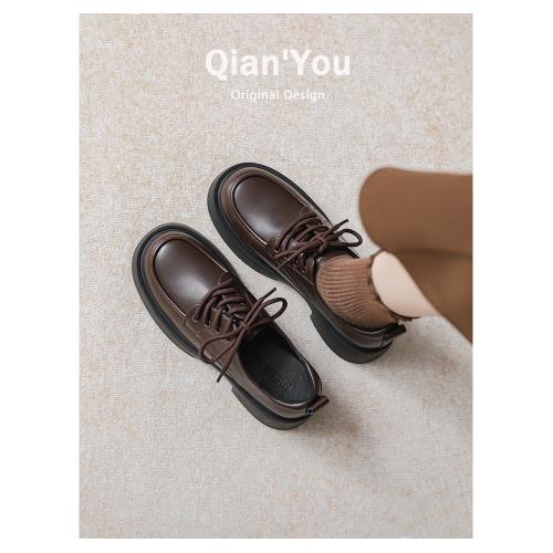 顯腳小~真皮小皮鞋女英倫風2025春季新款系帶學院棕色厚底jk單鞋