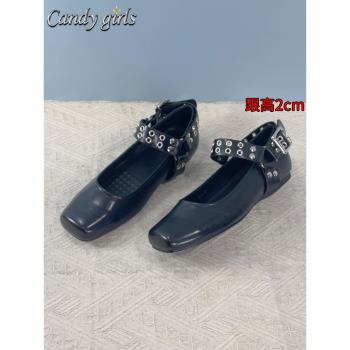 金屬鉚釘皮帶扣瑪麗珍單鞋女2025春新款復古方頭真皮平底芭蕾舞鞋