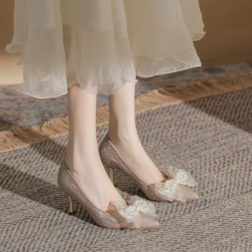 香檳色婚鞋尖頭高跟鞋女新款蝴蝶結細跟不累腳新娘鞋秀禾婚紗兩穿