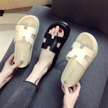 網紅真皮女夏韓版ins潮厚底拖鞋