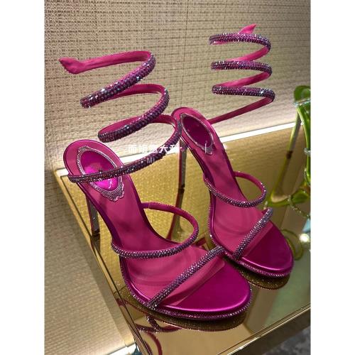 一字帶蛇形纏繞圓頭涼鞋女23夏季新款水鉆玫紅色細高跟鞋搭配禮服