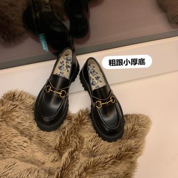 厚底牛皮馬銜扣內增高學院樂福鞋